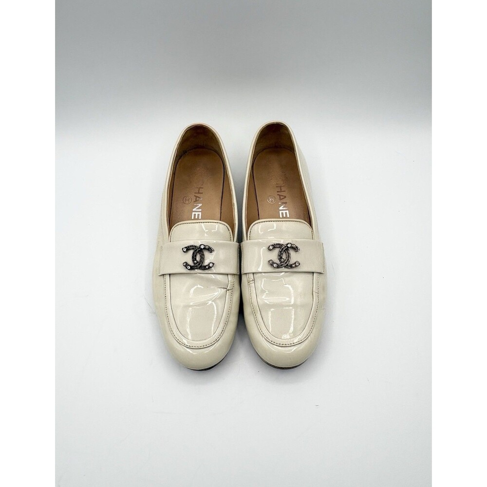 Chanel White Patent Leather Loafers Silver Rhinestone CC Logo Accent Size EU 36
